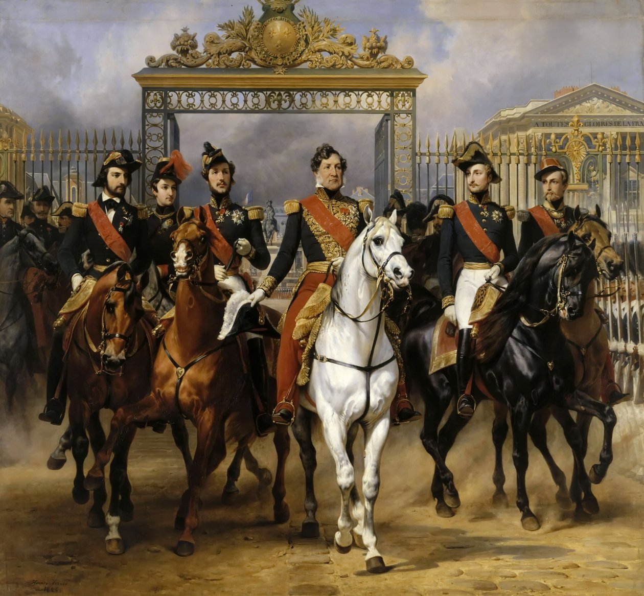 Louis Philippe és fiai ezen a helyen lovagolnak ki Versailles-ból, 1837. június 10. alkotó: Emile Jean Horace Vernet