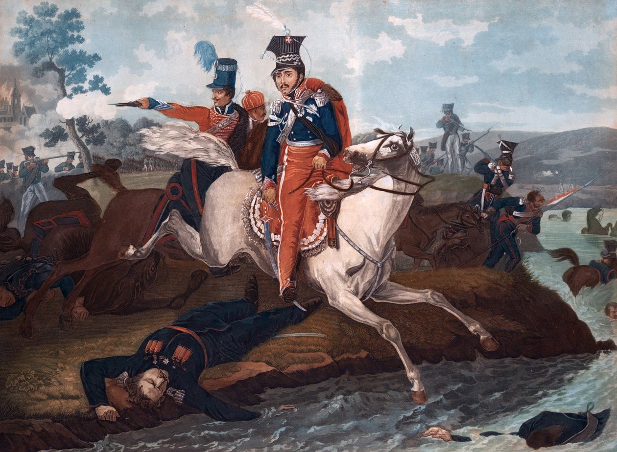 Mort du Prince Jozef Poniatowski (1763-1813)- Jozef Poniatowski herceg halála a lipcsei csatában - Vernet, Horatius (1789-1863) - 1820 - Színes litográfia - 40x54,4 - Magángyűjtemény alkotó: Emile Jean Horace Vernet