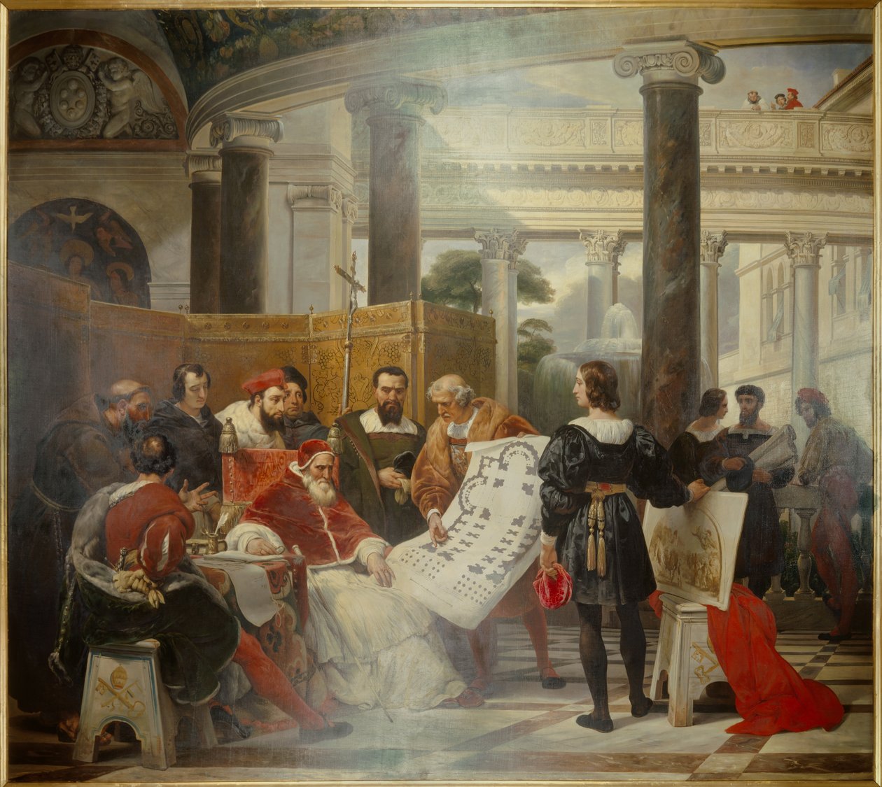 Julius pápa, a Vatikán és a római Szent Péter-bazilika (Szent Péter) munkája megrendelése Michelangelo (Michelangelo, Michelangelo vagy Michelangelo), Bramante és Raphael (Raffaello Sanzio) által körülvéve. Emile Jean Horace Vernet festménye alkotó: Emile Jean Horace Vernet