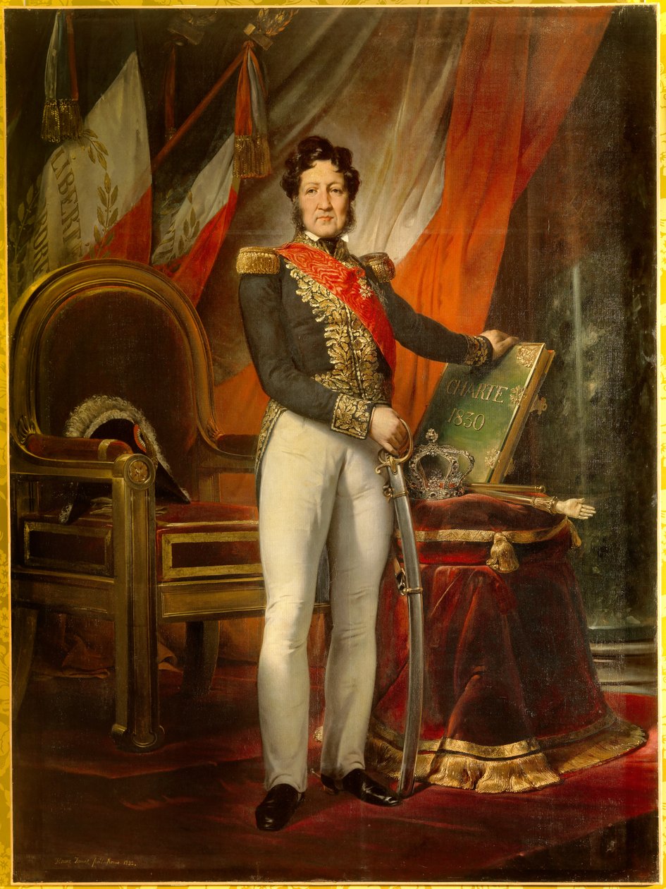 Portré en pied de Louis Philippe 1er (1773-1850), az 1830-as oklevelet birtokló francia király. A király mögött háromszínű zászlók a „Liberte Egalite Fraternite” mottót viselik. Emile Jean Horace Vernet (1789-1863) festménye alkotó: Emile Jean Horace Vernet