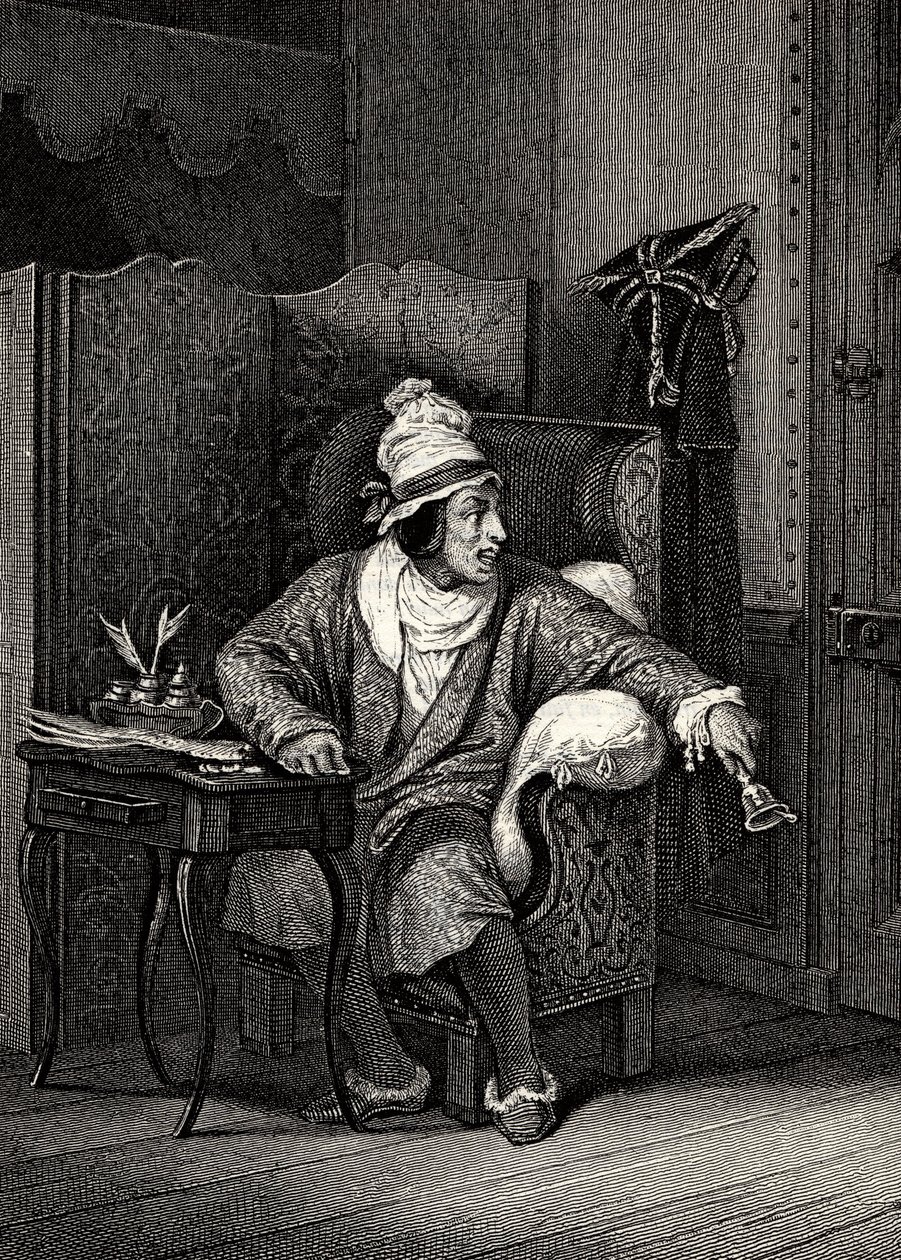 Jelenet A képzeletbeli rokkant című filmből, Moliere, Horace Vernet, metszet - Le Malade imaginaire, Jean-Baptiste Poquelin dit Moliere (1622-1673) alkotó: Emile Jean Horace Vernet