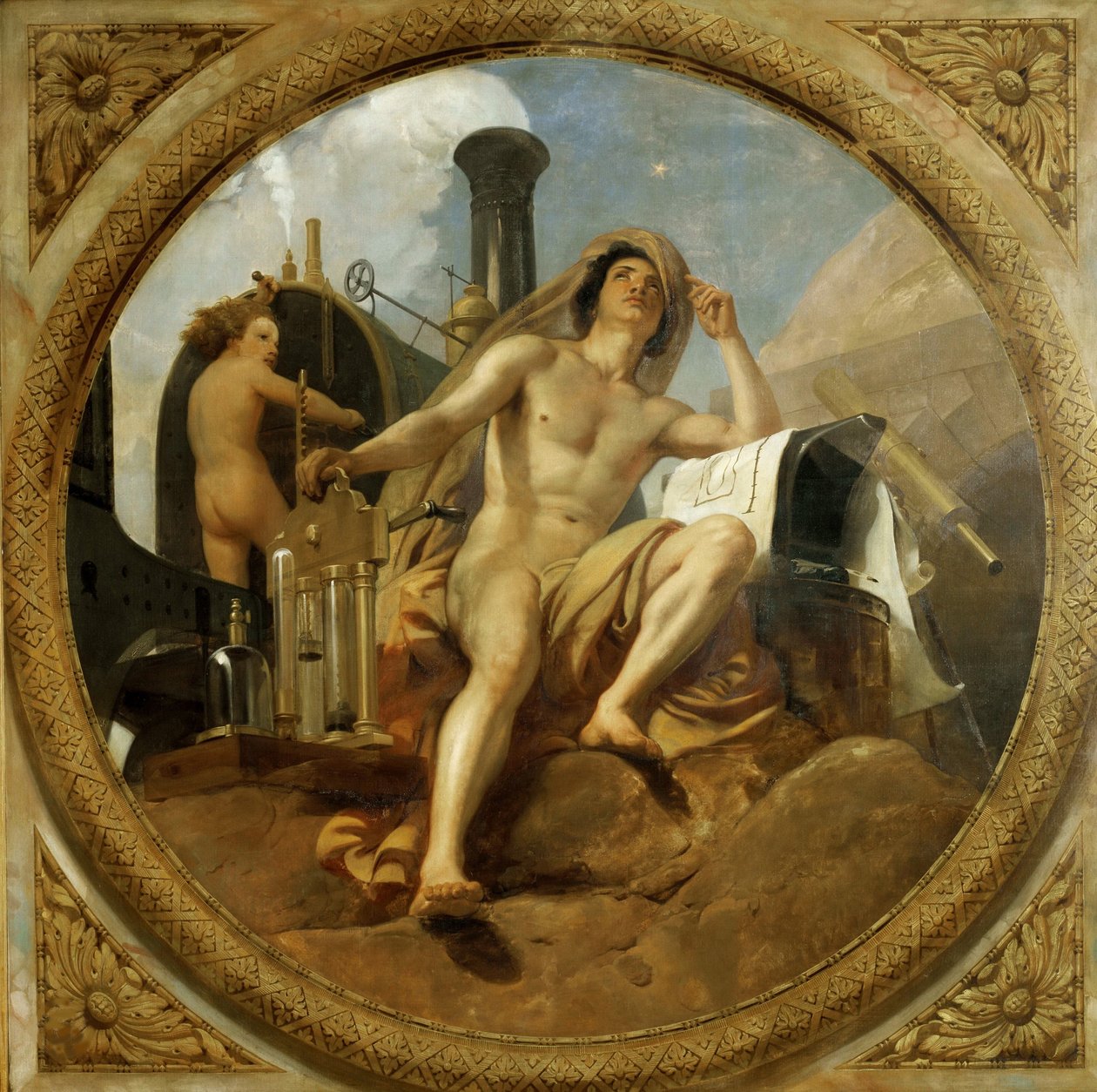 A gőz géniusza a földön mennyezeti festmény, Salle des Pas perdus, 1839-1847. alkotó: Emile Jean Horace Vernet