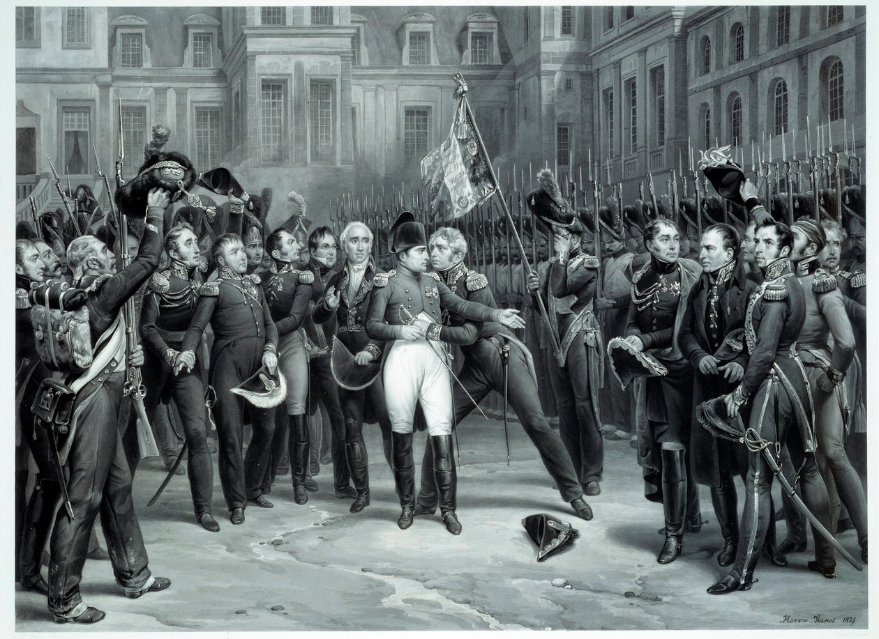 Bonaparte Napóleon (1769-1821) búcsúja a császári őrségtől a fontainebleau-i Cheval Blanc udvarában 1814.04.20. Emile Vernet metszete Horace Vernet (1789-1863) 1814 Párizs, B.N. alkotó: Emile Jean Horace Vernet