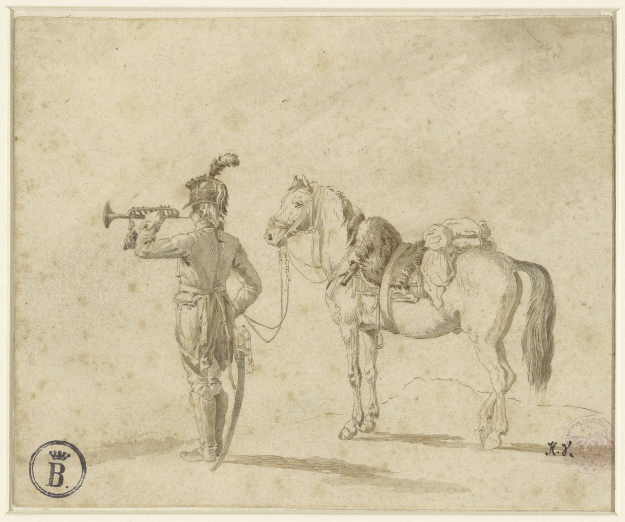 Trombitás ló mellett alkotó: Emile Jean Horace Vernet