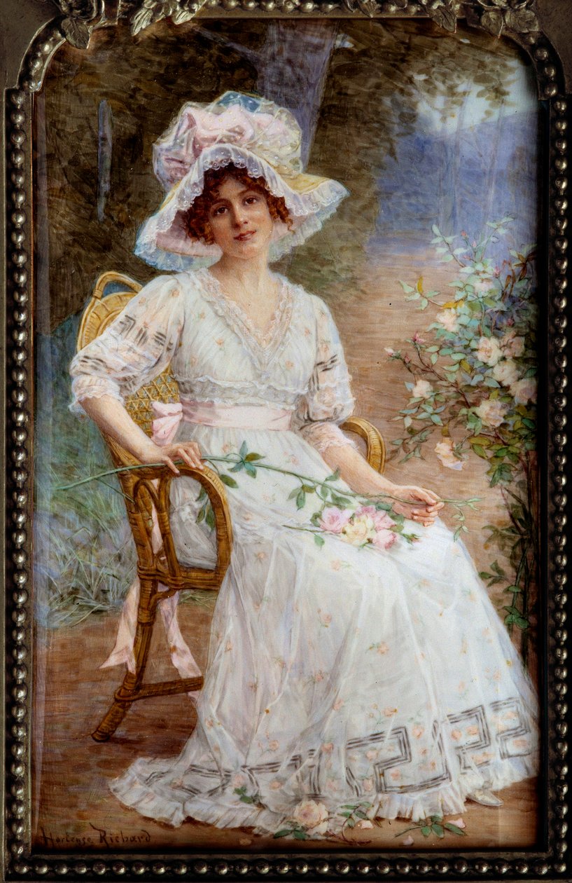 Fiatal nő ül a kertben Miniatűr elefántcsonton Hortense Richard (1860-1939 után) 20. századi nap. 0,24x0,15 m alkotó: Hortense Richard