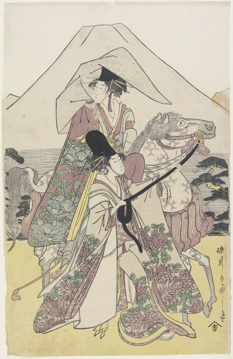 Két nő utazik lóval a Fuji-hegy lábánál, 1790-es évek (színes fatömbnyomat) alkotó: Hosoda Eiri