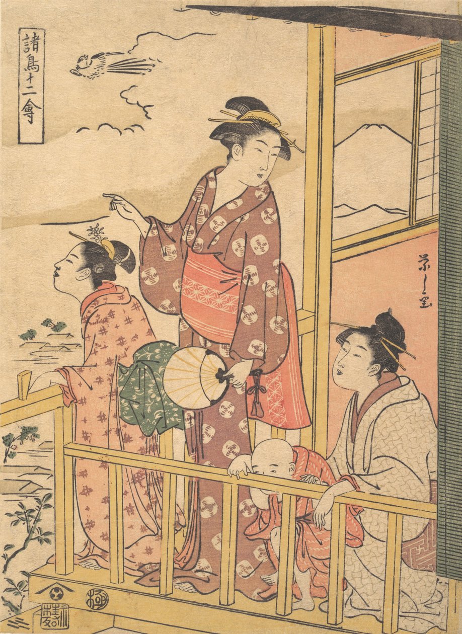 Egy hosszúfarkú szárnyas Onagador, a Tizenkét válogatott madár Shocho junikin... sorozatból, kb. 1791. alkotó: Hosoda Eishi