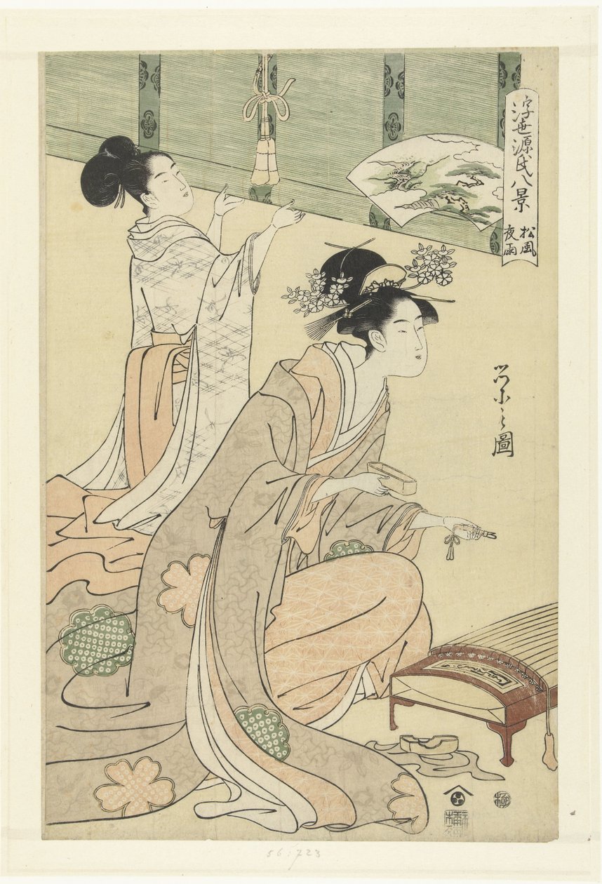 Esti eső és szél a fenyőfák között. Matsukaze yau (cím a tárgyon) A Genji történet nyolc lebegő világarca. (sorozat címe) Ukiyo Genji hakkei (sorozat címe az objektumon) alkotó: Hosoda Eishi
