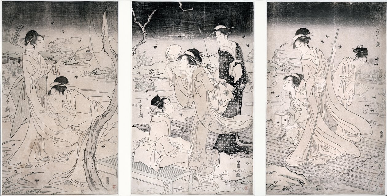 Szentjánosbogarak vadászata sötétedéskor, 1796-97 (fatömbnyomat) alkotó: Hosoda Eishi
