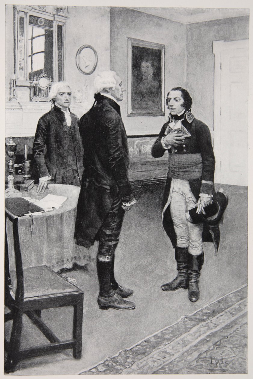 Genet polgár hivatalos bemutatása Washingtonnak, 1793. április 19. alkotó: Howard Pyle