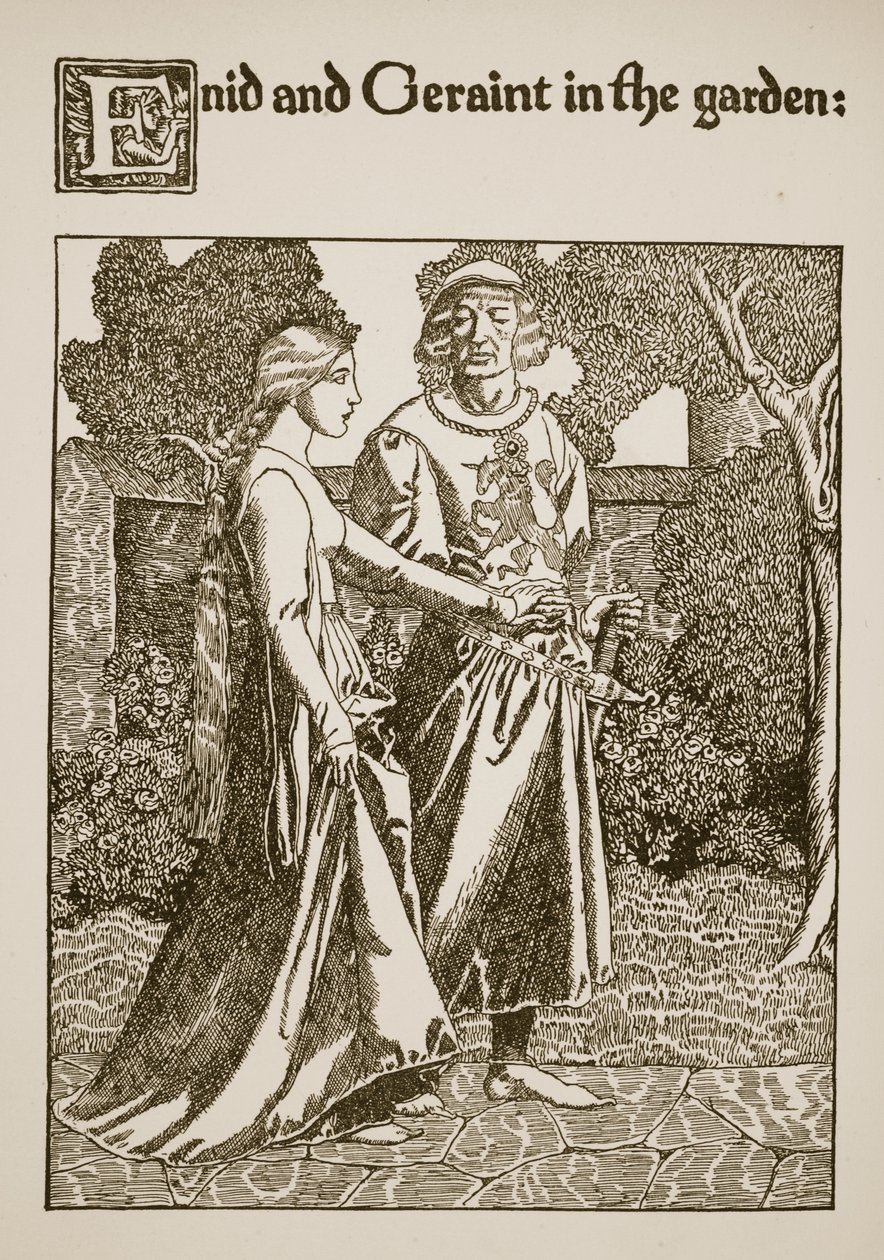 Enid és Geraint a kertben, illusztráció a Grál története és Arthur elmúlása című filmből, 1910 körül alkotó: Howard Pyle
