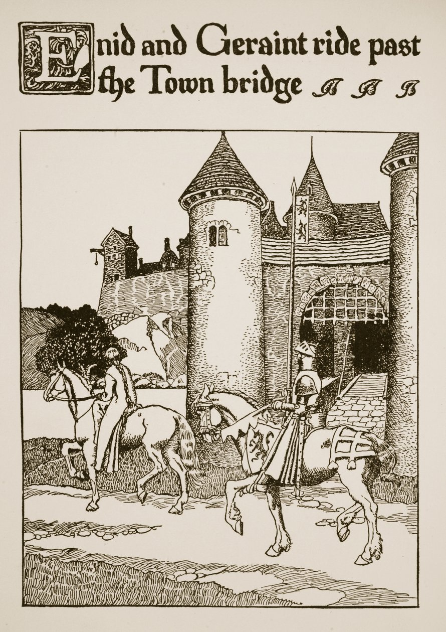 Enid és Geraint ellovagolnak a városi híd mellett, illusztráció a Grál története és Arthur elmúlása című filmből, 1910 körül alkotó: Howard Pyle