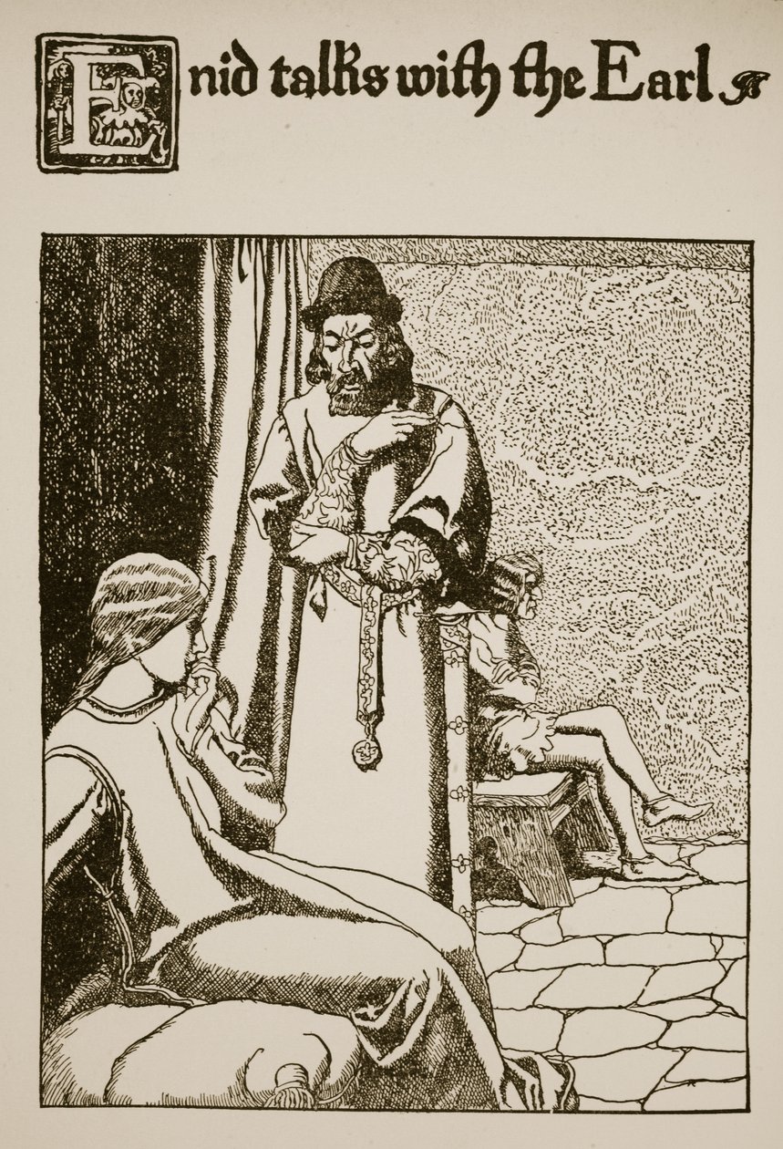 Enid beszélget az Earl-lel, illusztráció a Grál története és Arthur elmúlása című filmből, 1910 körül alkotó: Howard Pyle