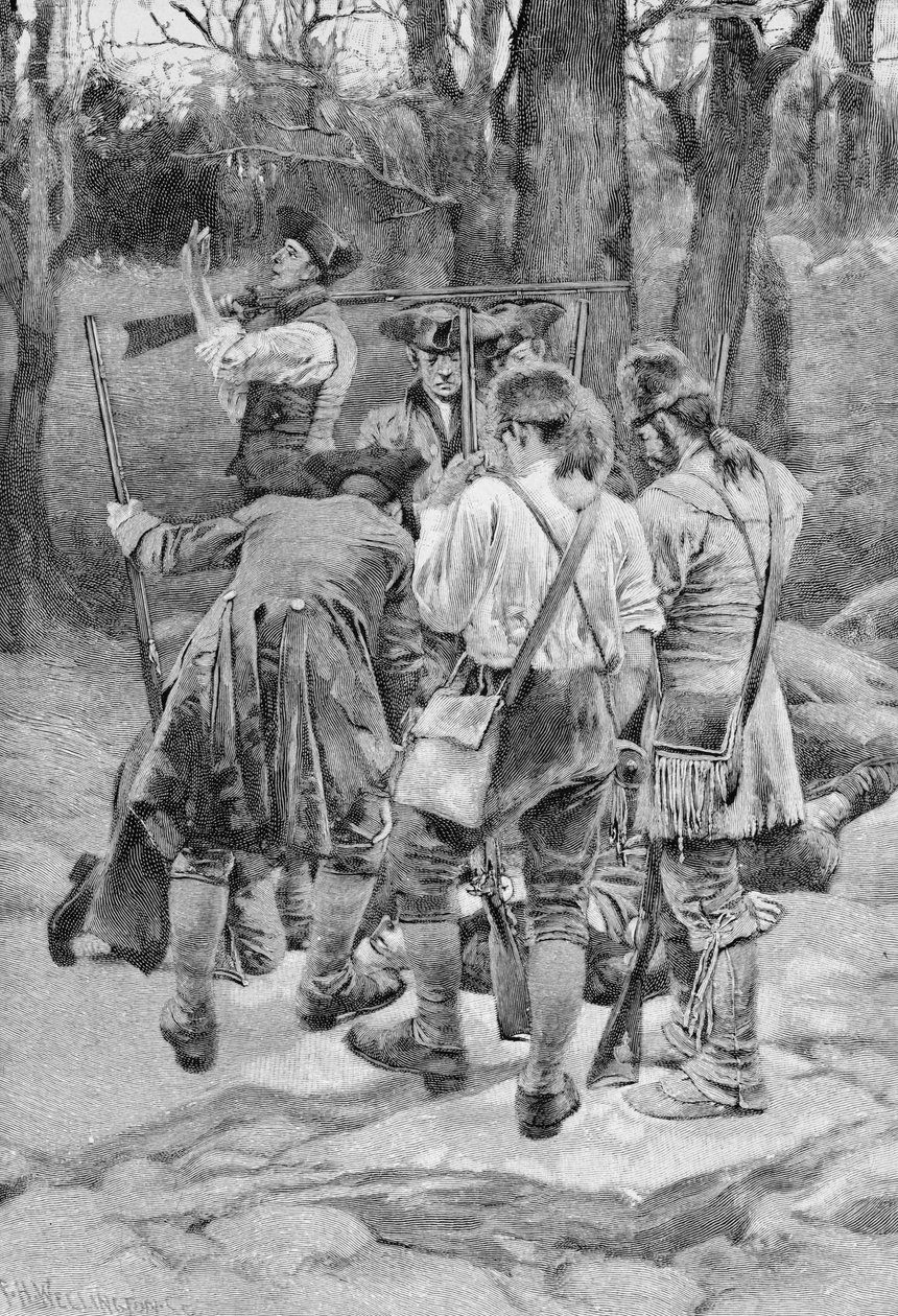 Megtalálni az egyik társuk holttestét, megskalpolva és borzalmasan megrongálva, vésette F.H. Wellington, illusztráció az „On the Outposts – 1780” című könyvéből, Howard Pyle, pub. a Harper