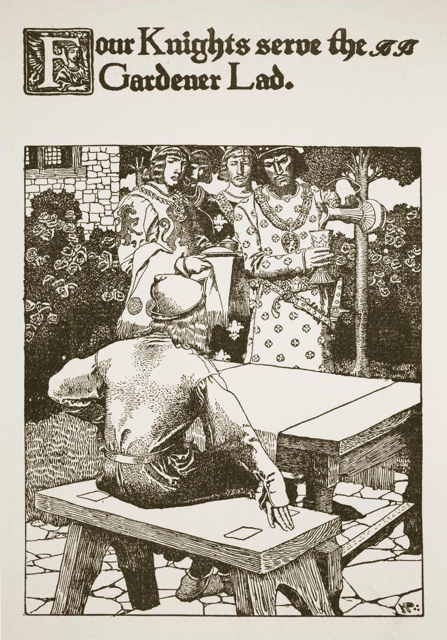 Négy lovag szolgálja a kertész legényt, illusztráció az „Artúr király és lovagjai története” című filmből, 1903 alkotó: Howard Pyle