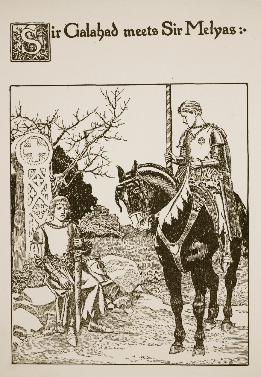 Sir Galahad találkozik Sir Melyasszal, illusztráció a Grál története és Arthur elmúlása című filmből, 1910 körül alkotó: Howard Pyle