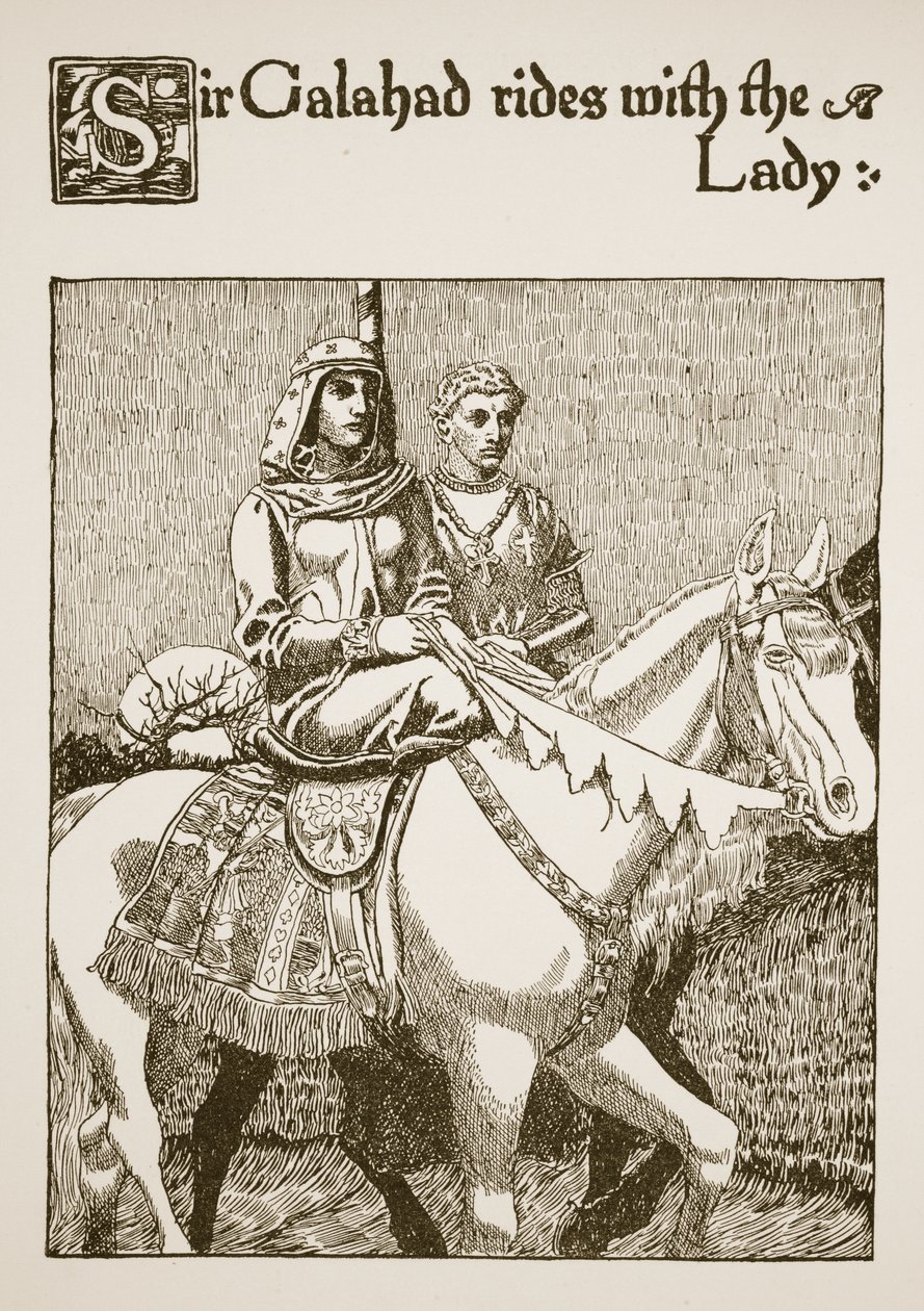 Sir Galahad lovagol a Lady-vel, illusztráció a Grál története és Arthur elmúlása című filmből, 1910 körül alkotó: Howard Pyle