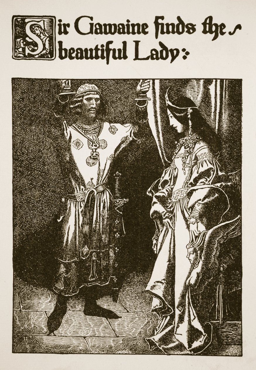Sir Gawaine megtalálja a gyönyörű hölgyet, illusztrációja az „Artúr király és lovagjai története” című 1903-as alkotó: Howard Pyle