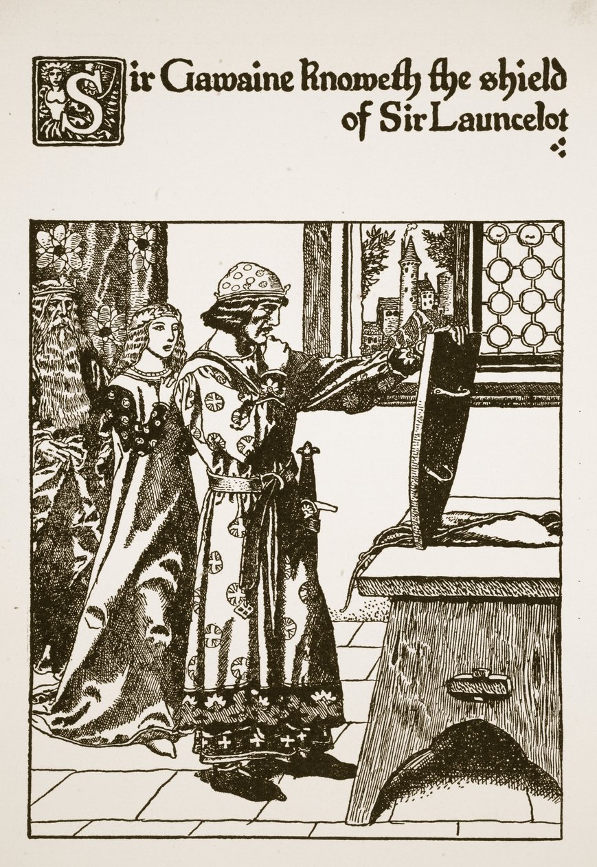 Sir Gawaine ismeri Sir Launcelot pajzsát, illusztráció a "The Story of Sir Launcelot and his Companions" című könyvből, 1907. alkotó: Howard Pyle