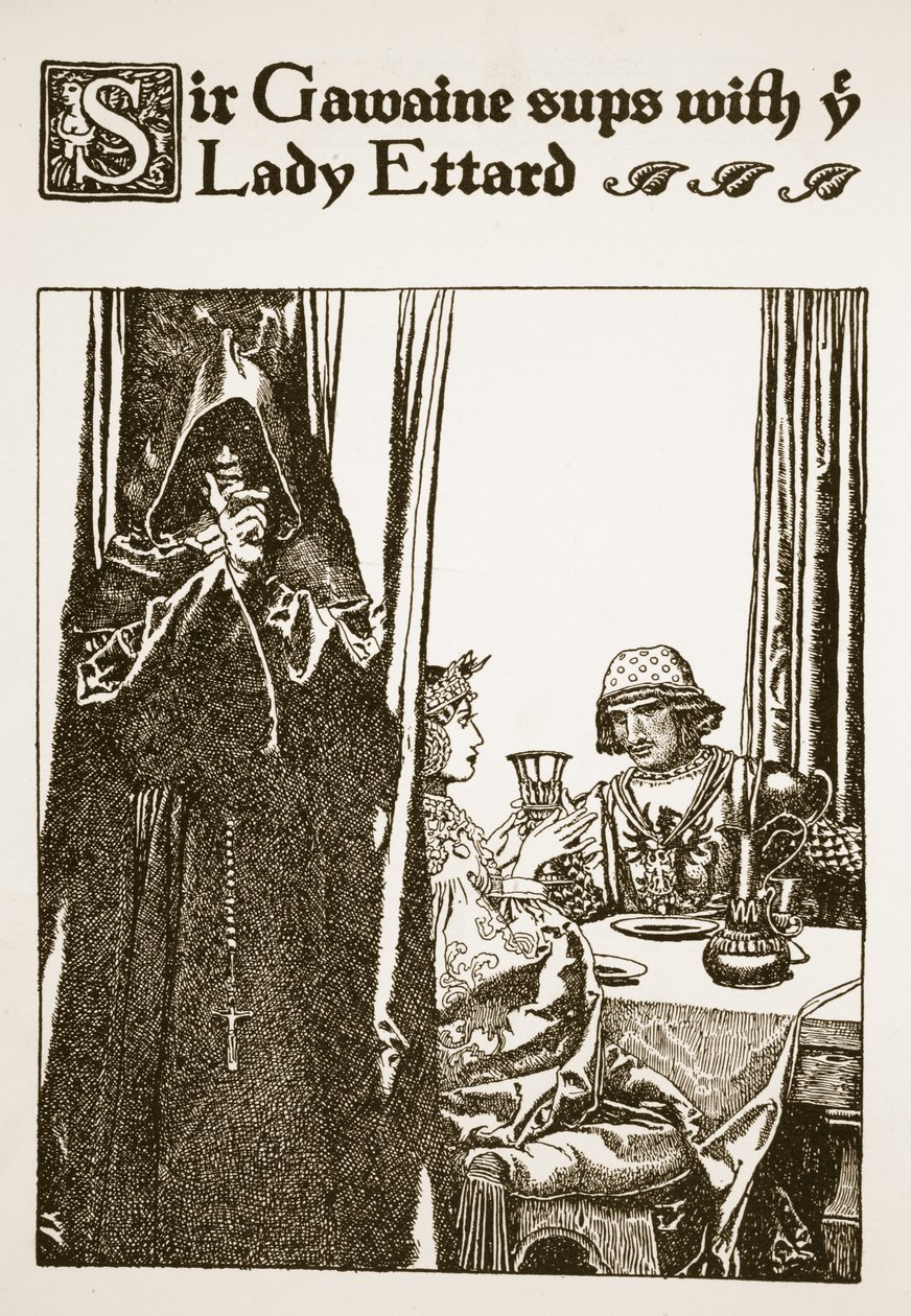 Sir Gawaine együtt vacsorázik Lady Ettarddal, illusztrációja az „Arthur király és lovagjai története” című könyvből, 1903 alkotó: Howard Pyle