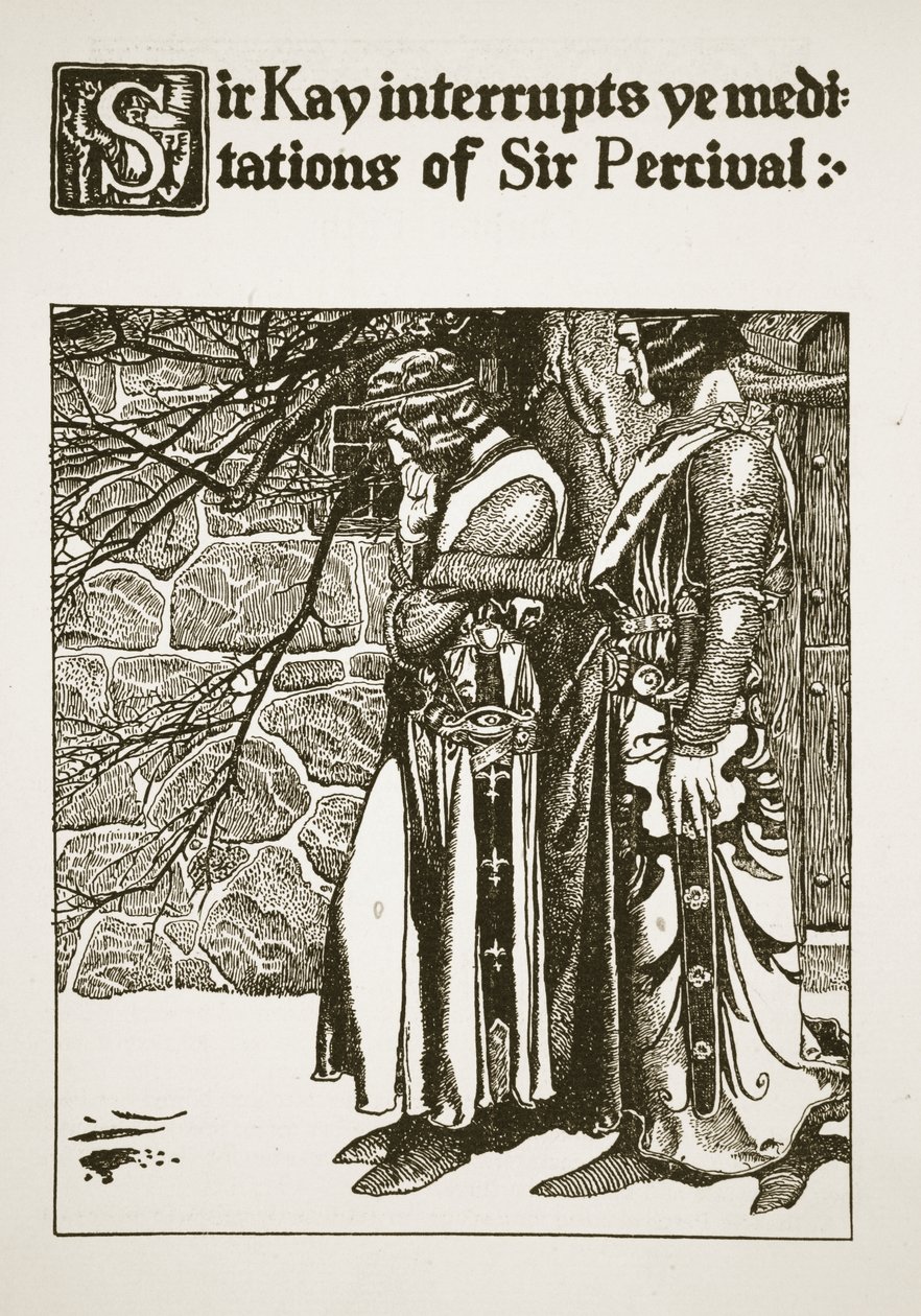 Sir Kay megszakítja Sir Percival elmélkedéseit, illusztráció a "Kerekasztal bajnokainak történetéből". alkotó: Howard Pyle