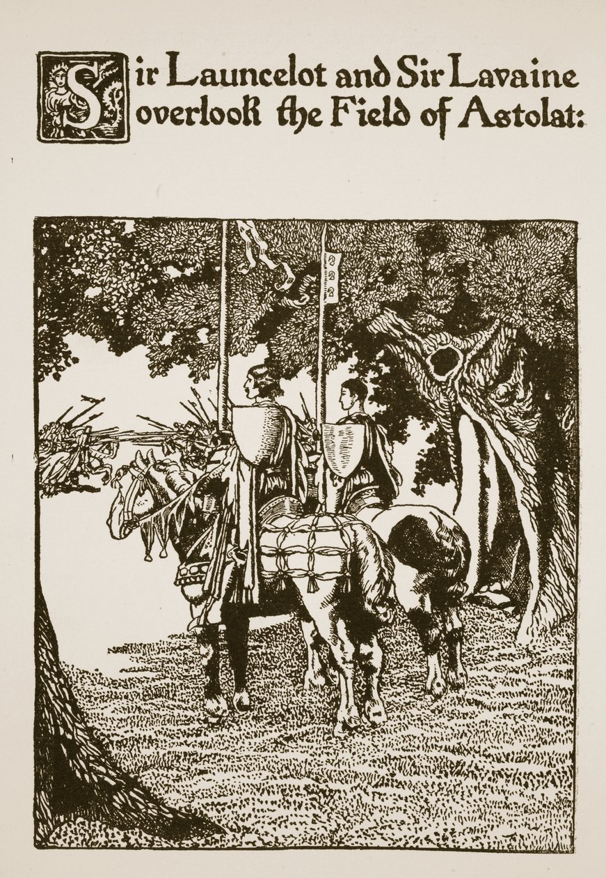Sir Launcelot és Sir Lavaine a Field of Astolatra néz, illusztráció a "Sir Launcelot és társai története" című 1907-es filmből. alkotó: Howard Pyle