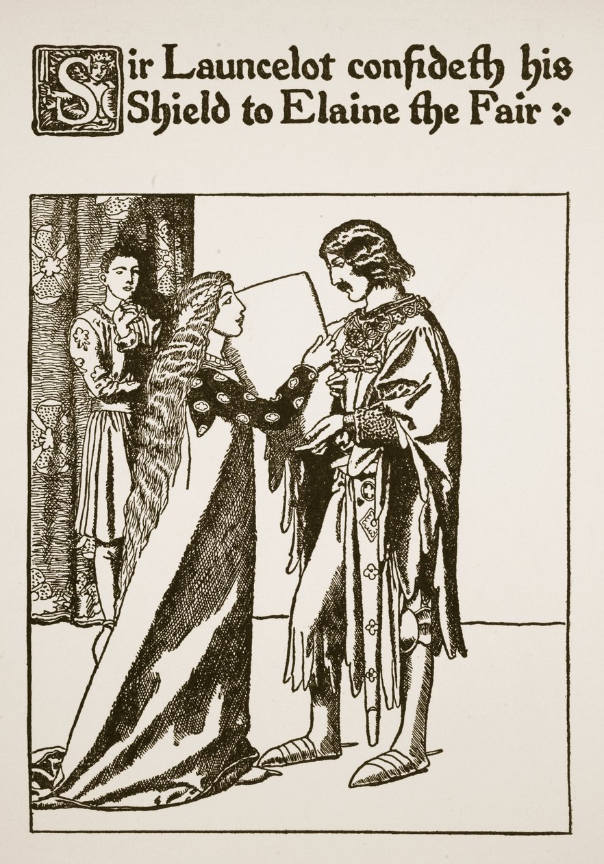 Sir Launcelot rábízza a pajzsát Elaine the Fair-re, illusztráció a "Sir Launcelot és társai története" című könyvből, 1907 alkotó: Howard Pyle
