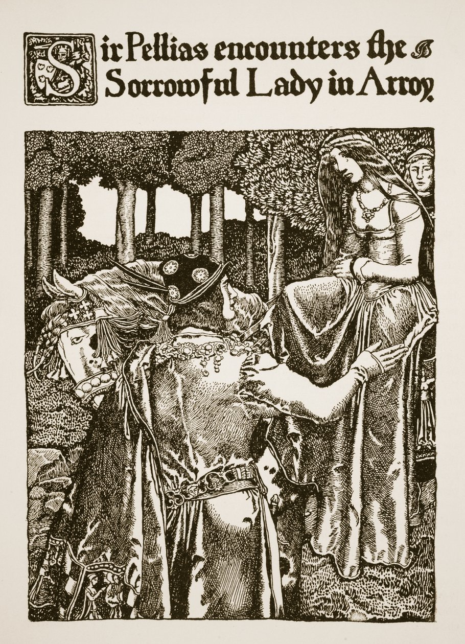 Sir Pellias találkozik a Szomorú Hölgykel Arroyban, illusztrációja az „Arthur király és lovagjai története” című könyvből, 1903 alkotó: Howard Pyle