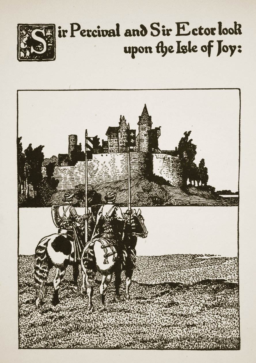 Sir Percival és Sir Ector az Joy-szigetre néz, illusztráció a "Sir Launcelot és társai története" című filmből, 1907 alkotó: Howard Pyle