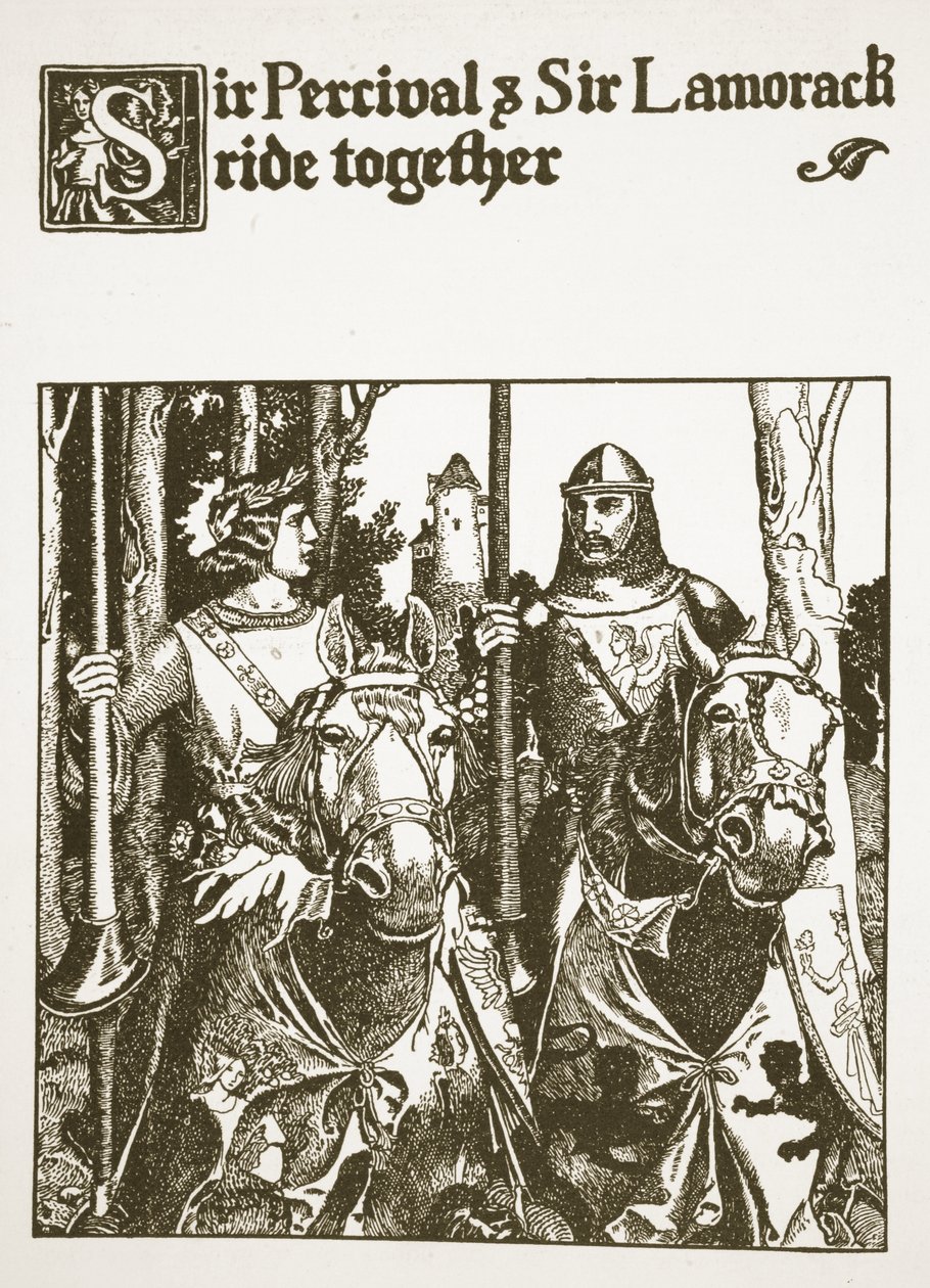 Sir Percival és Sir Lamorack együtt lovagolnak, illusztráció a "Kerekasztal bajnokainak történetéből". alkotó: Howard Pyle