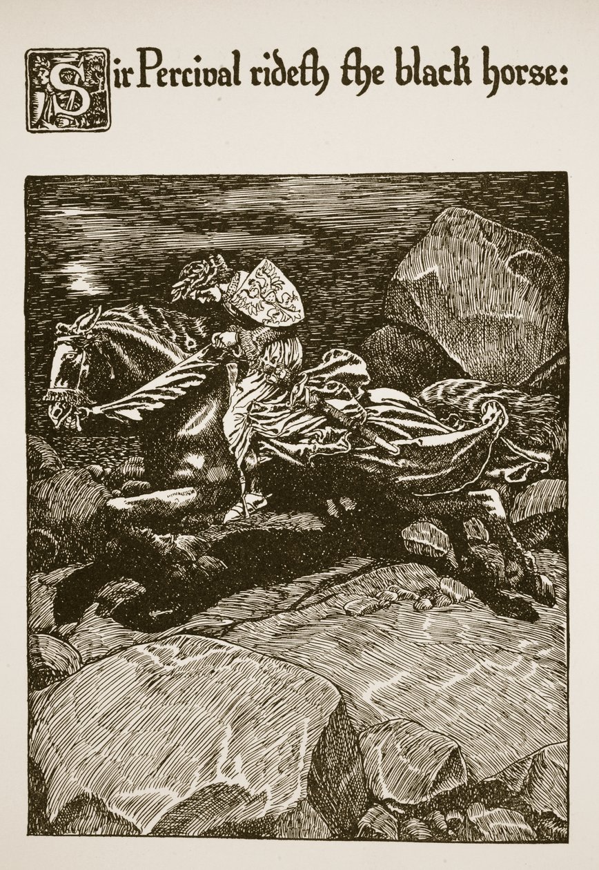 Sir Percival a fekete lovon ül, illusztráció a Grál története és Arthur elmúlása című könyvből, 1910 körül alkotó: Howard Pyle