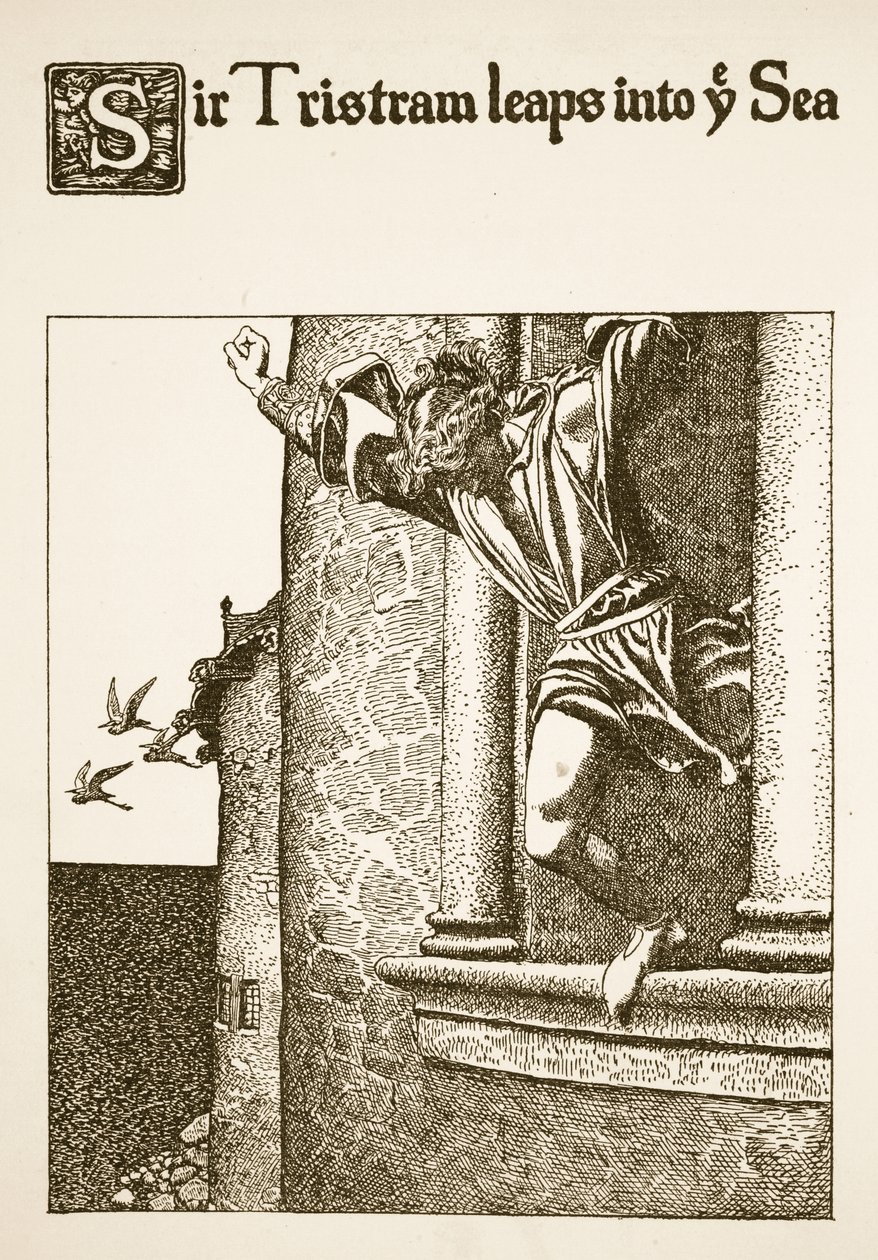 Sir Tristram beugrik a tengerbe, illusztráció a Kerekasztal bajnokainak történetéből alkotó: Howard Pyle