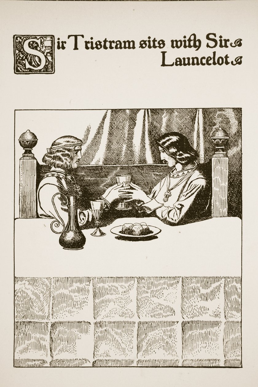 Sir Tristram Sir Launcelottal ül, illusztrációja a „A kerekasztal bajnokainak története” című művéből. alkotó: Howard Pyle
