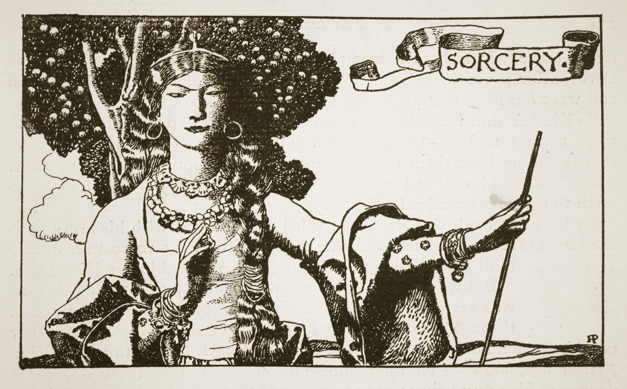 Varázslat, illusztráció az „Artúr király és lovagjai története” című könyvből, 1903 alkotó: Howard Pyle