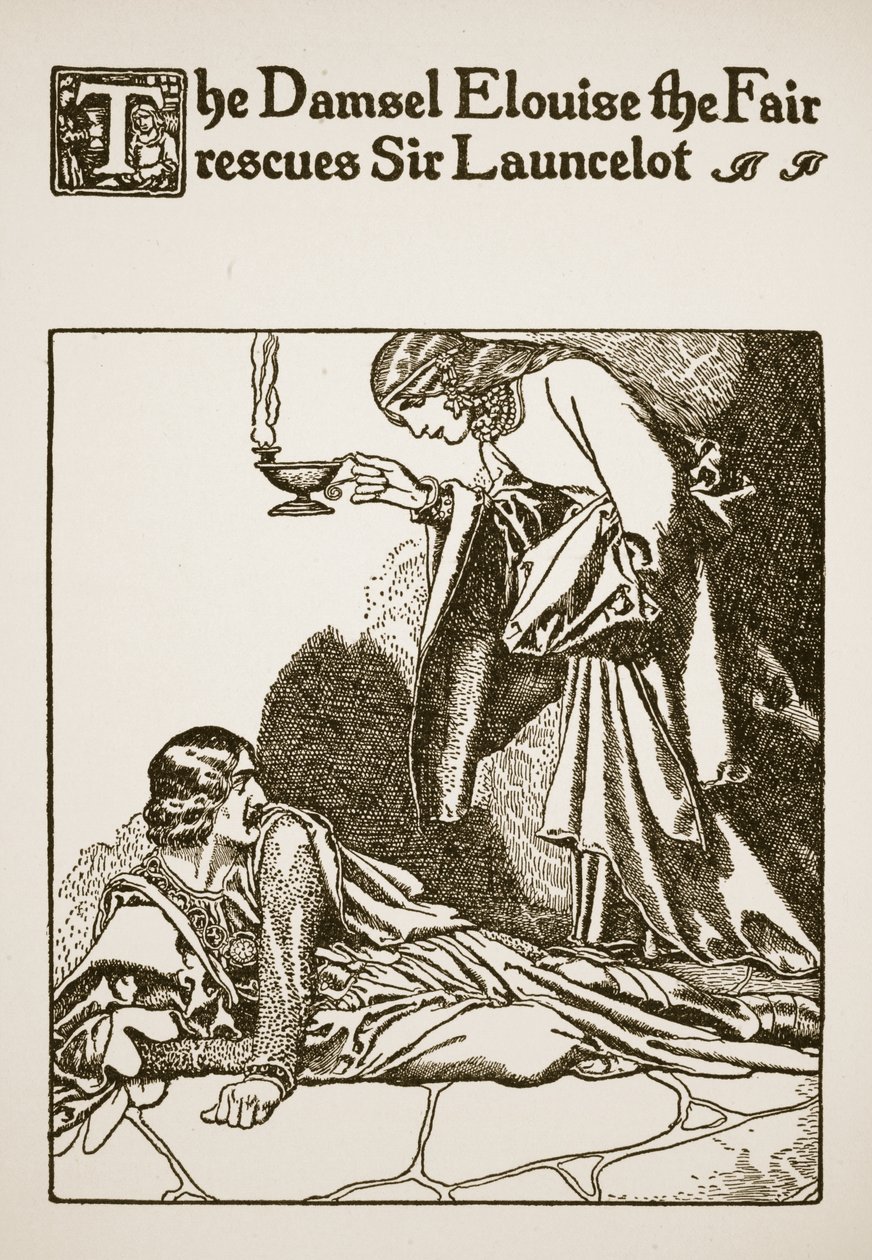 Elouise, a szép leány megmenti Sir Launcelotot, illusztráció a "Sir Launcelot és társai történetéből", 1907. alkotó: Howard Pyle