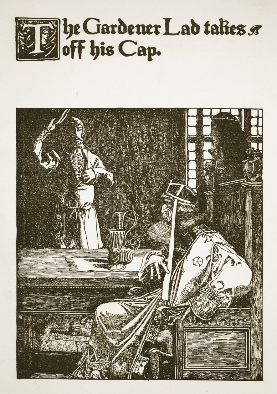A kertész legény leveszi a sapkáját, illusztrációja az „Artúr király és lovagjai története” című filmből, 1903 alkotó: Howard Pyle