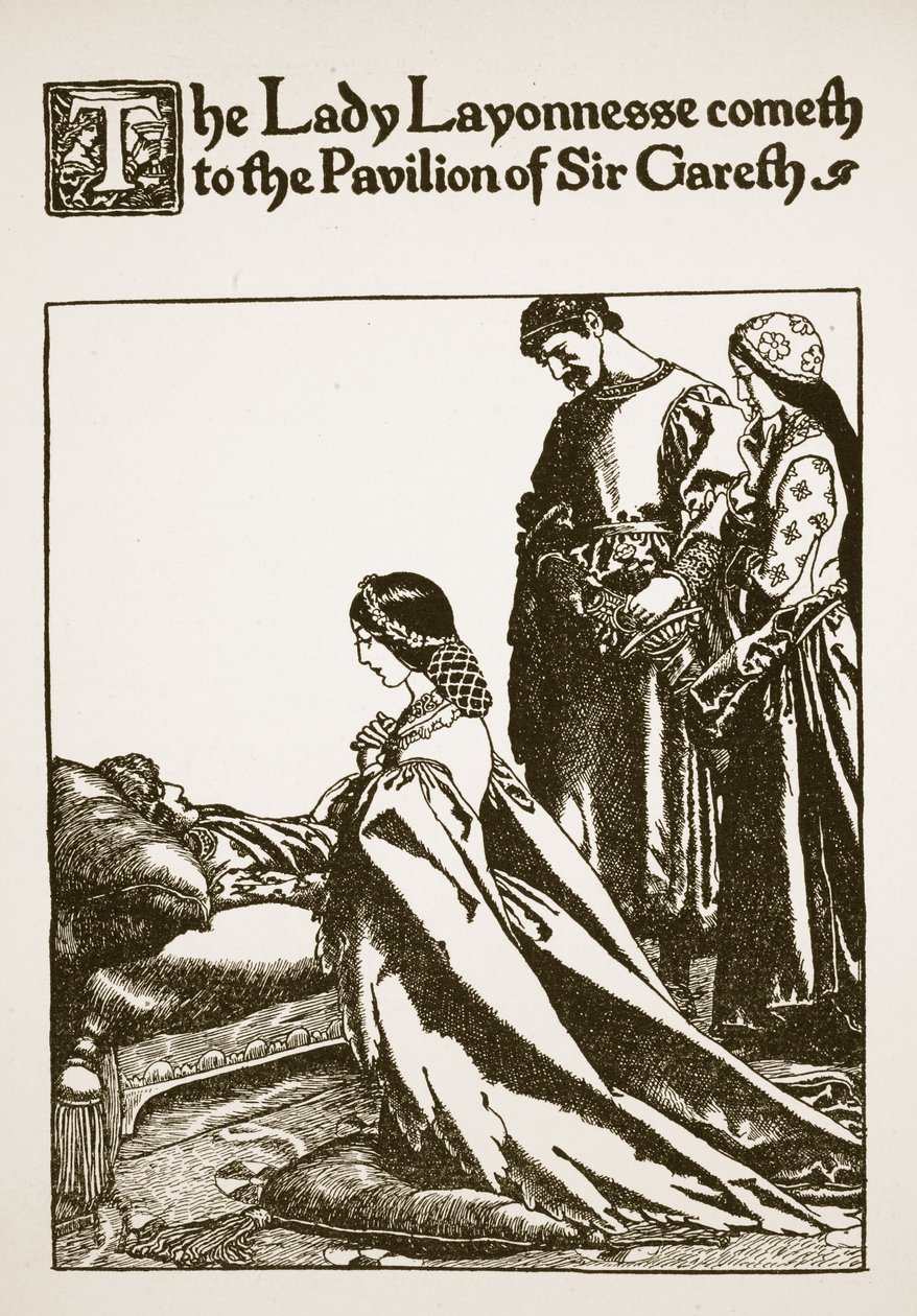 Lady Layonnesse megérkezik Sir Gareth pavilonjába, illusztrációja a „Sir Launcelot és társai története” című könyvből, 1907 alkotó: Howard Pyle