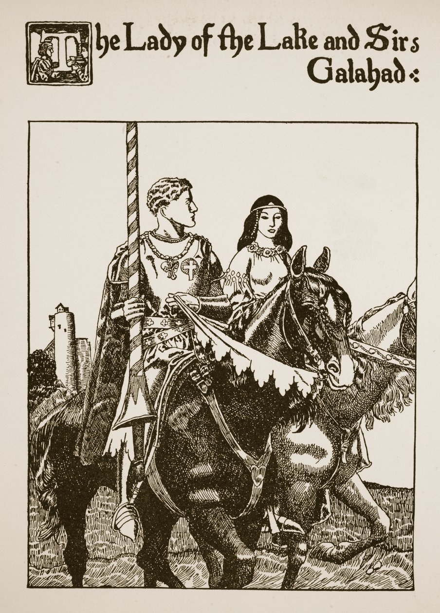 A tó hölgye és Sir Galahad, illusztráció a Grál története és Arthur elmúlása című könyvből, 1910 körül alkotó: Howard Pyle