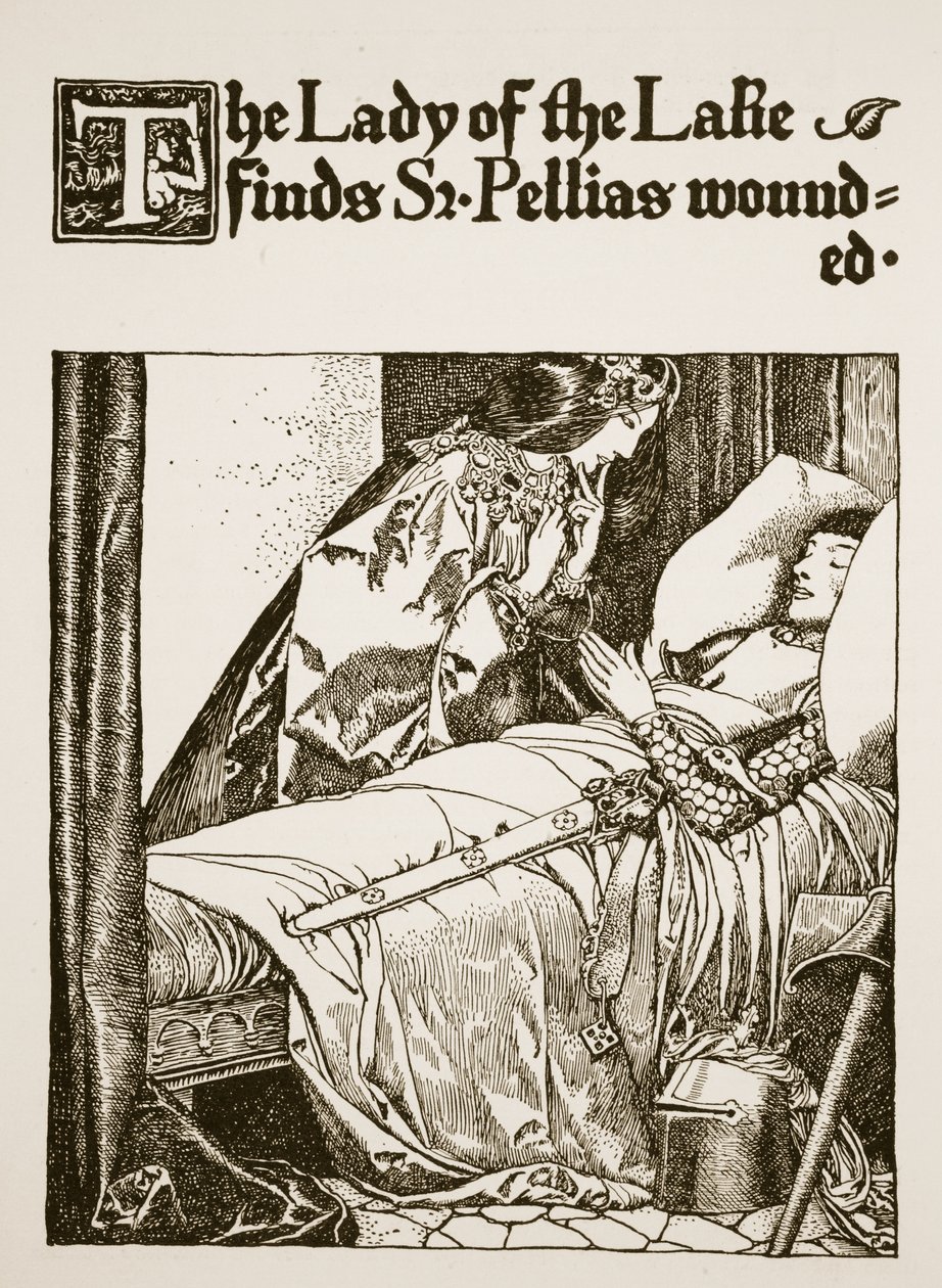 A tó asszonya sebesülten találja Sir Pelliast, illusztráció az „Artúr király és lovagjai története” című filmből, 1903 alkotó: Howard Pyle