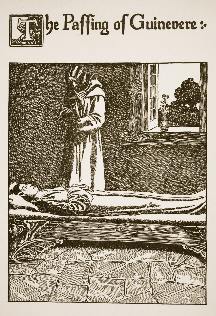 Guinevere elmúlása, illusztráció a Grál története és Arthur elmúlása című könyvből, 1910 körül alkotó: Howard Pyle
