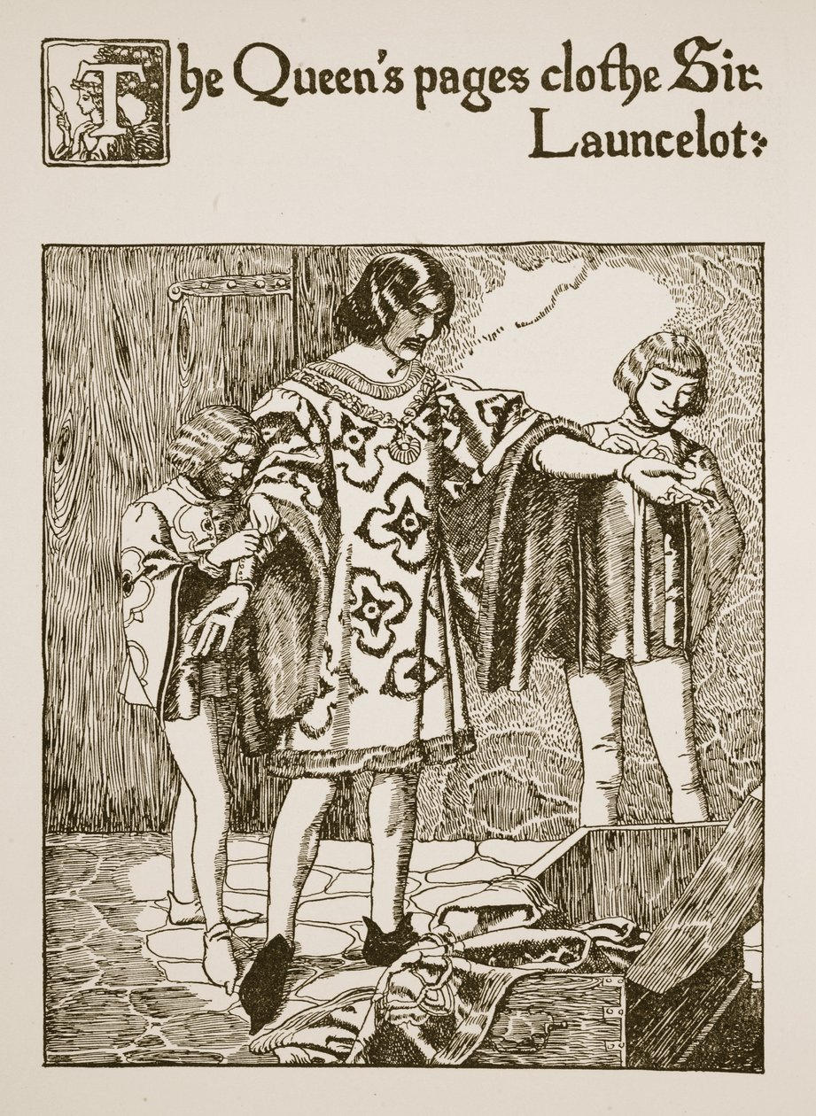 A királynő lapjai öltöztetik Sir Launcelotot, illusztráció a "The Story of the Grail and the Passing of Arthur"-ból, 1910 körül. alkotó: Howard Pyle