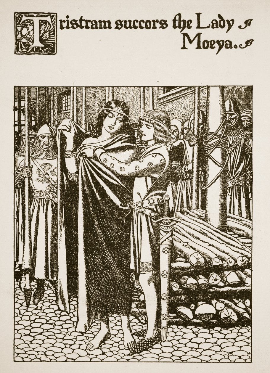 Tristram segíti a Lady Moeya-t, illusztráció a „A kerekasztal bajnokainak története” című filmből alkotó: Howard Pyle
