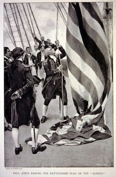 John Paul Jones felvonja az amerikai csörgőkígyó zászlót az Alfrédon (litográfia) alkotó: Howard (after) Pyle
