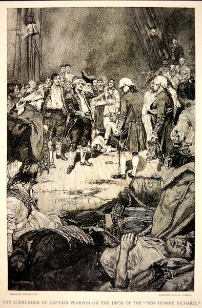 Pearson kapitány megadása John Paul Jonesnak a Bonhomme Richard fedélzetén 1779-ben (litho) alkotó: Howard (after) Pyle
