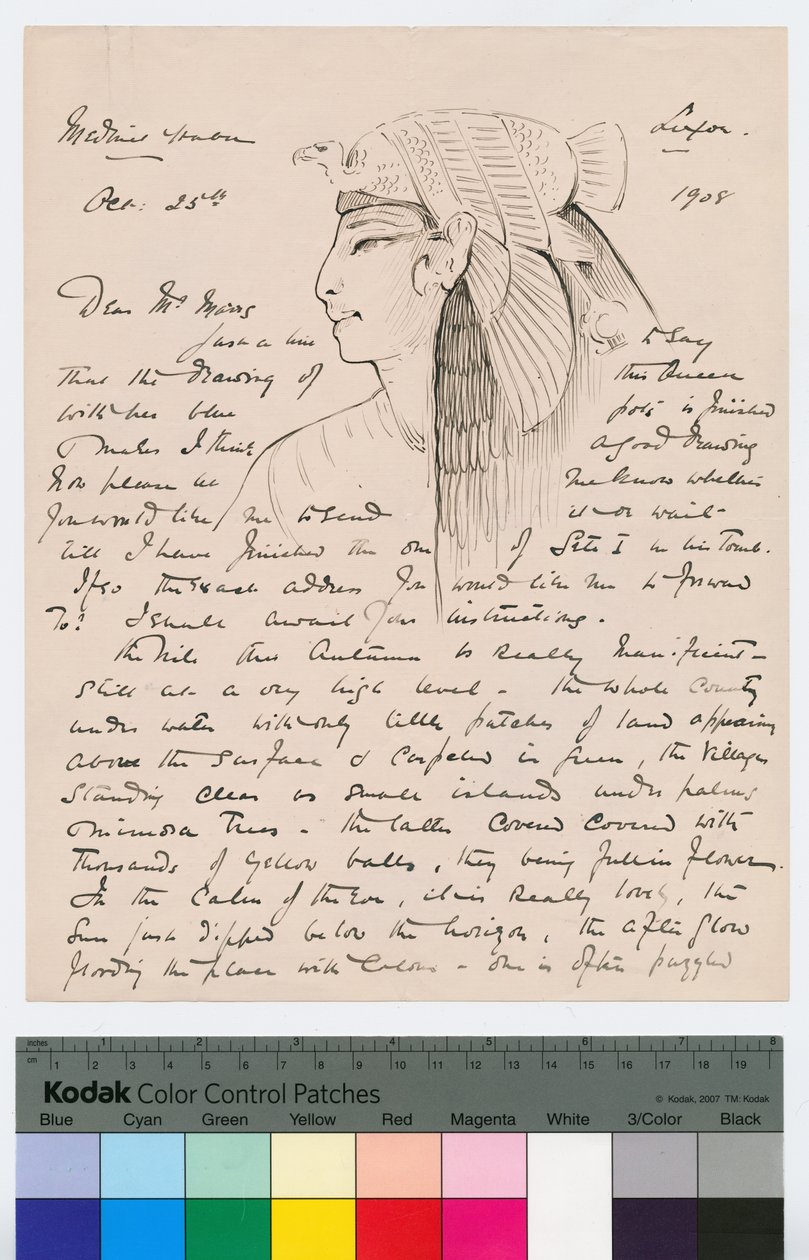 Howard Carter Kingsmill Marrsnak írt levelének 1. oldala, 1908. október 25. (toll és tinta papíron) alkotó: Howard Carter