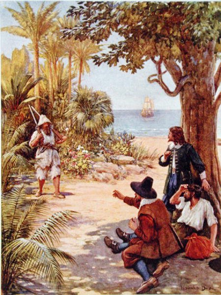 Crusoe megjelenik a hajó kapitánya előtt, Daniel Defoe (1660-1731) „Robinson Crusoe” című művéhez készült illusztráció (színes litó) alkotó: Howard Davie