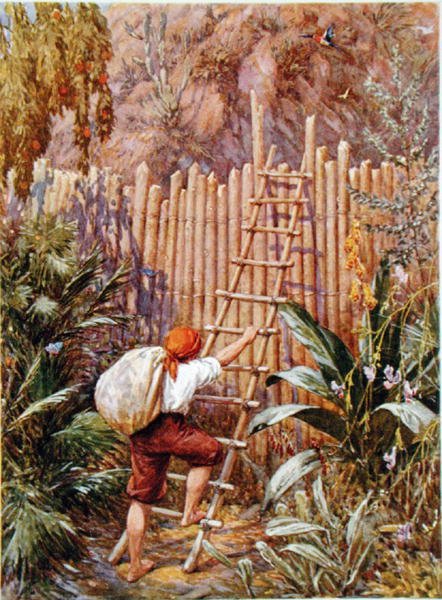 Crusoe és erődje, Daniel Defoe (1660-1731) „Robinson Crusoe” című művéhez készült illusztráció (színes litó) alkotó: Howard Davie