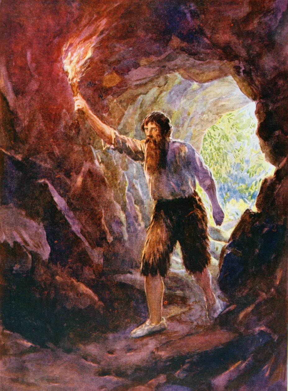 Crusoe kalandja a barlangban, illusztráció Daniel Defoe (1660-1731) „Robinson Crusoe” című művéhez (színes litó) alkotó: Howard Davie
