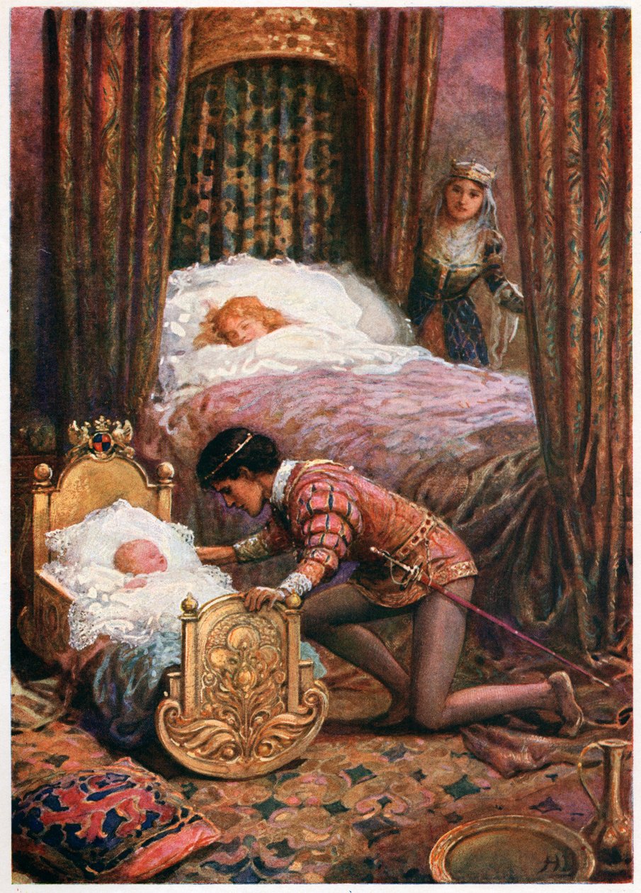 „Lehajolt, hogy megcsókolja a kisbabát” az Olasz mesékből, Lilia E. Romano, kiadó: Raphael Tuck & Sons (színes litho) alkotó: Howard Davie