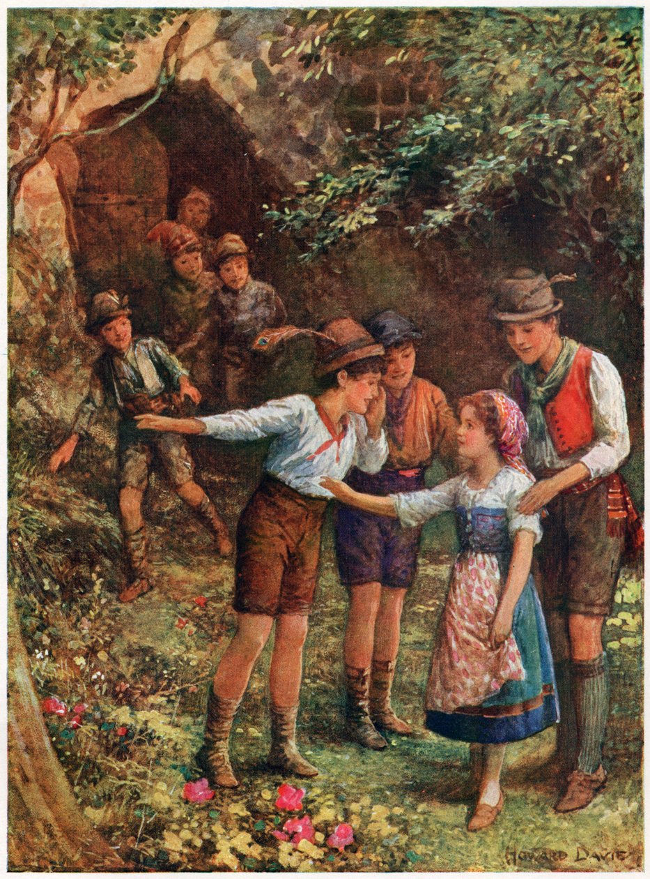 „Mortella és hét testvére” az olasz tündérmesékből, Lilia E. Romano, kiadó: Raphael Tuck & Sons (színes litho) alkotó: Howard Davie